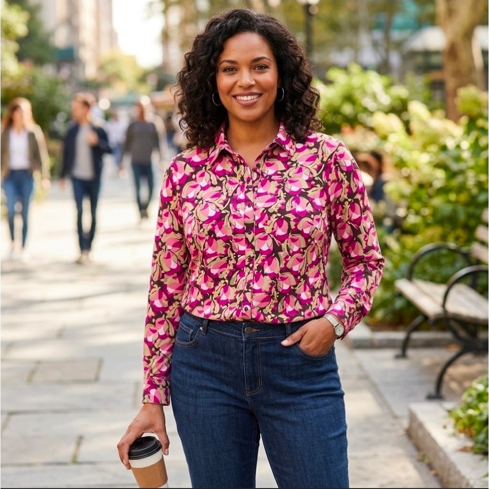 Lane Bryant Pink Floral Abstract Button Shirt Plus Size 14/16 Boho Office Siren